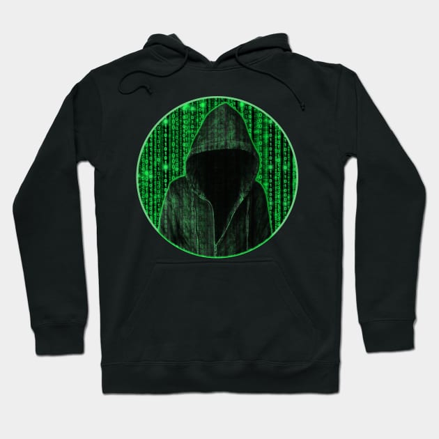 Hooded hacker in binary matrix rain Hoodie by All About Nerds